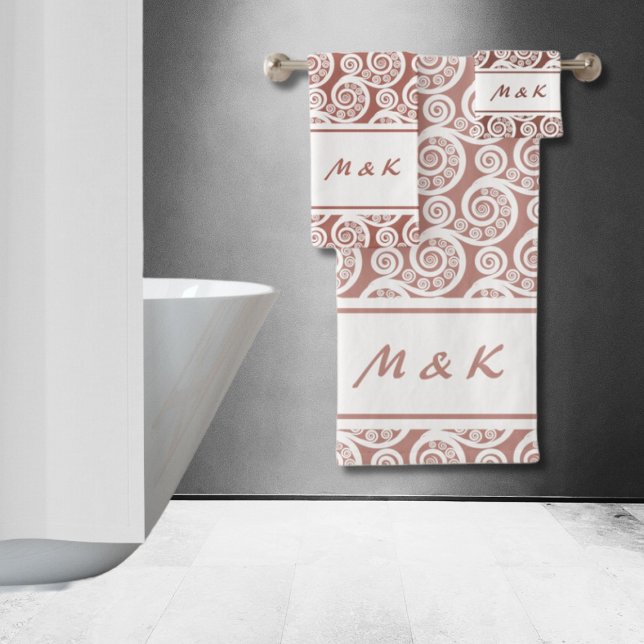 Elegant Pink White Monogrammed Fern Frond Swirls Bath Towel Set (Elegant Pink White Monogrammed Fern Frond Swirls Bath Towel Set)