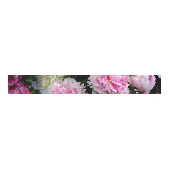 Elegant pink white peony floral garden photo grosgrain ribbon (Front)