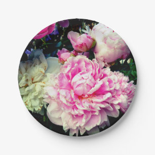 Elegant pink white peony floral garden photo paper plate