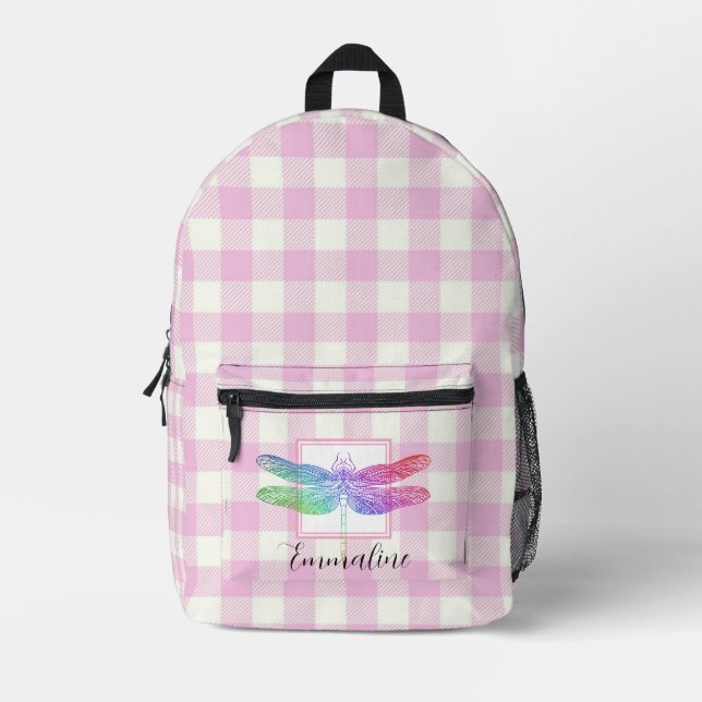 Elegant pink white plaid dragonfly personalize  printed backpack (Front)