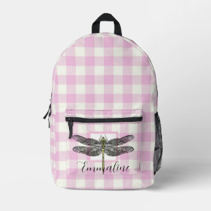 Elegant pink white plaid dragonfly personalize printed backpack