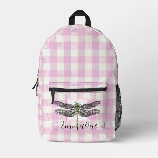 Elegant pink white plaid dragonfly personalize  printed backpack (Front)