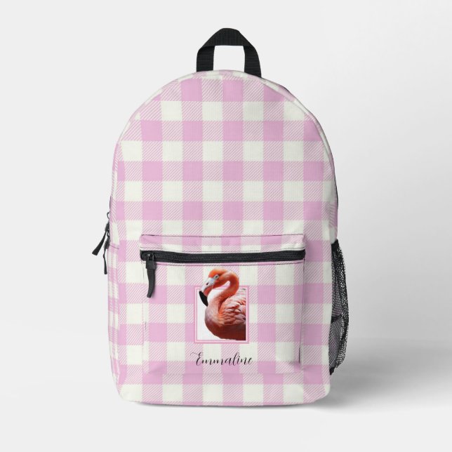 Elegant pink white plaid flamingo personalize  printed backpack (Front)