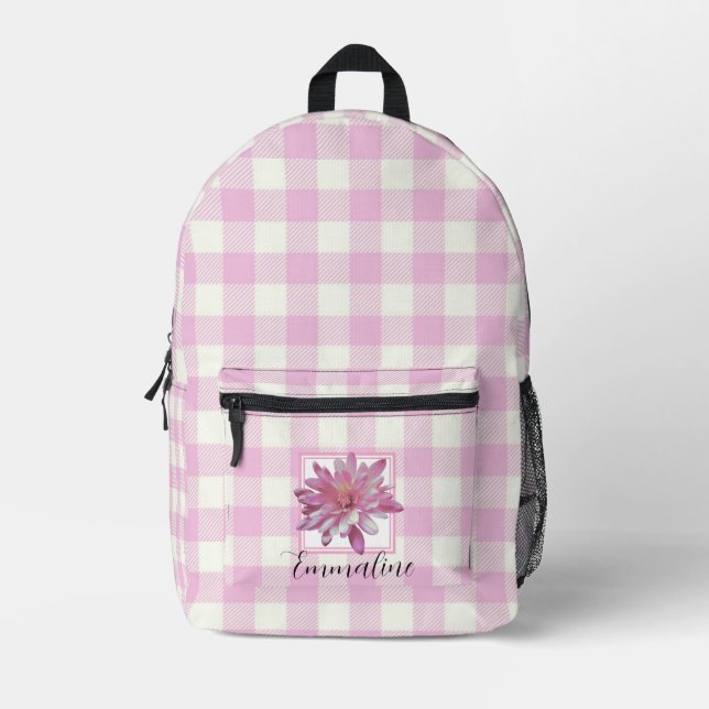 Elegant pink white plaid floral daisy personalize  printed backpack (Front)