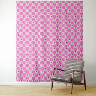 Elegant Pink & White Plaid Flower Pattern Tapestry