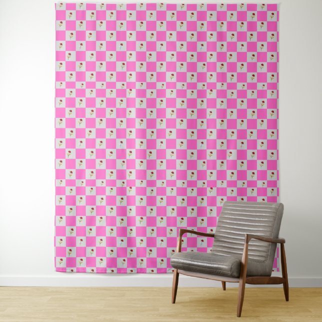 Elegant Pink & White Plaid  Flower Pattern Tapestry (In Situ)