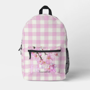 Elegant pink white plaid pink blossom personalize  printed backpack
