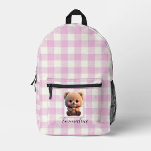 Elegant pink white plaid teddy bear personalize  printed backpack