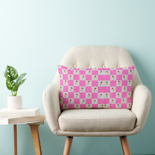Elegant Pink & White Plaid With Flower Lumbar Pillow