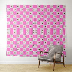 Elegant Pink &White Plaid With Flower Pattern Tapestry