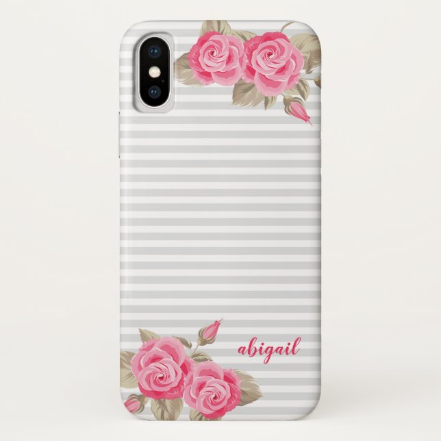 Elegant Pink & White Roses and Monogram Name Case-Mate iPhone Case (Back)
