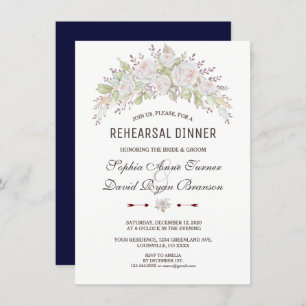 Elegant Pink White Roses Navy Rehearsal Dinner Invitation