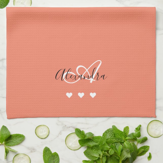 Elegant Pink White Script Name Monogram  Kitchen Towel (Folded)