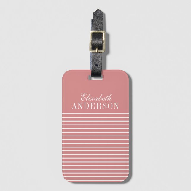 Elegant Pink White Striped Monogram Script Luggage Tag (Front Vertical)