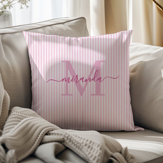 Elegant Pink & White Stripes Monogram Name Throw Pillow (Creator Uploaded)