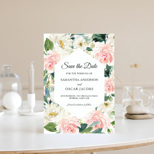 Elegant Pink & White Watercolor Floral Frame Save The Date