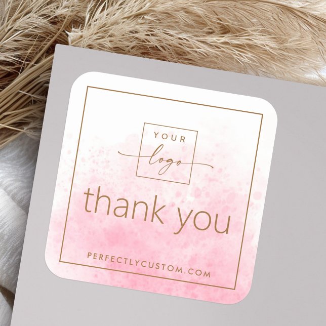 Elegant pink white watercolor logo thank you square sticker (Elegant pink white watercolor logo thank you square sticker)