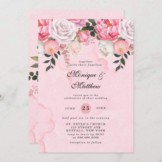 Elegant Pink White Watercolor Peonies Wedding Invitation (Front/Back)