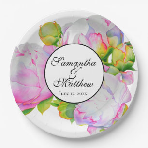 Elegant pink white watercolor peony floral  paper plate