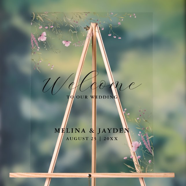 Elegant Pink Wild Floral Simple Wedding Welcome  Acrylic Sign (Neutral)