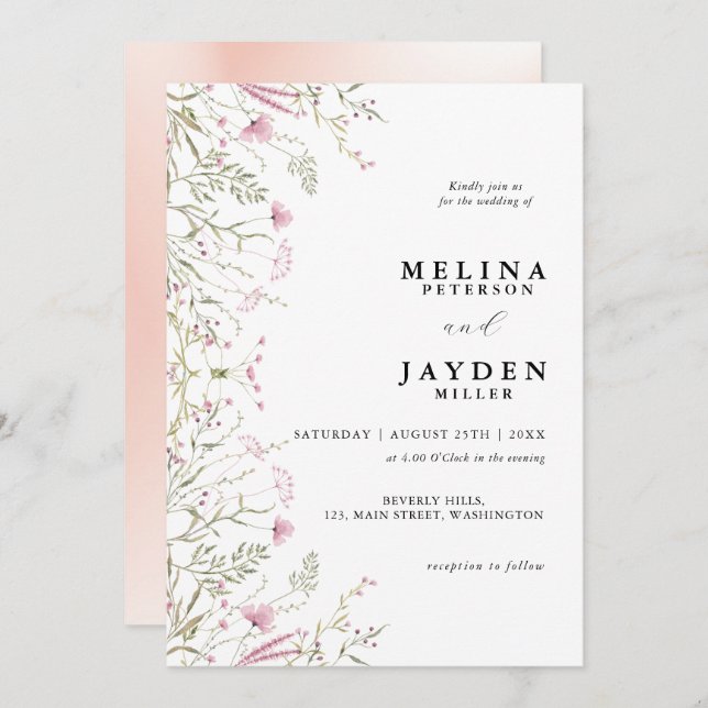 Elegant Pink Wild Floral Wedding Invitation (Front/Back)
