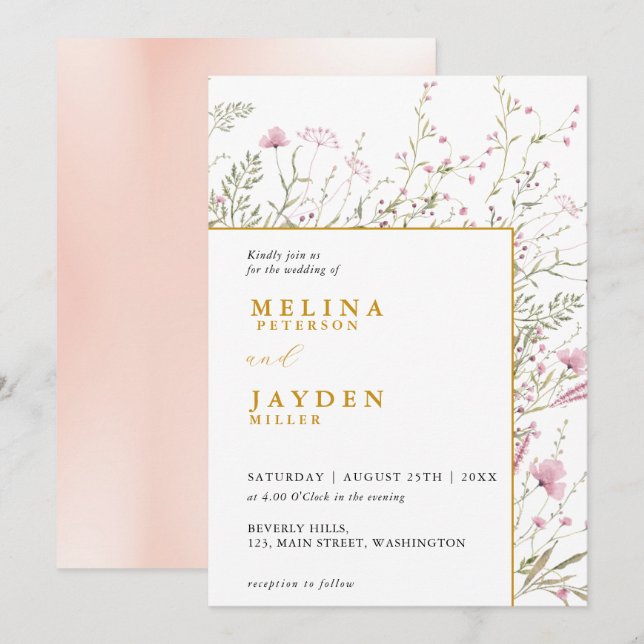Elegant Pink Wild Floral Wedding  Invitation (Front/Back)