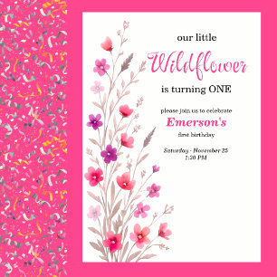 Elegant Pink Wildflower 1st Birthday Party Invitation