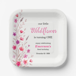 Elegant Pink  Wildflower 1st Birthday Party Paper Plate