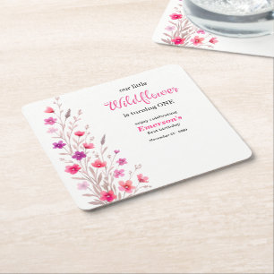 Elegant Pink  Wildflower 1st Birthday Party Square Paper Coaster