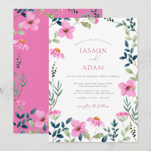 Elegant Pink Wildflower Botanical Monogram Wedding Invitation