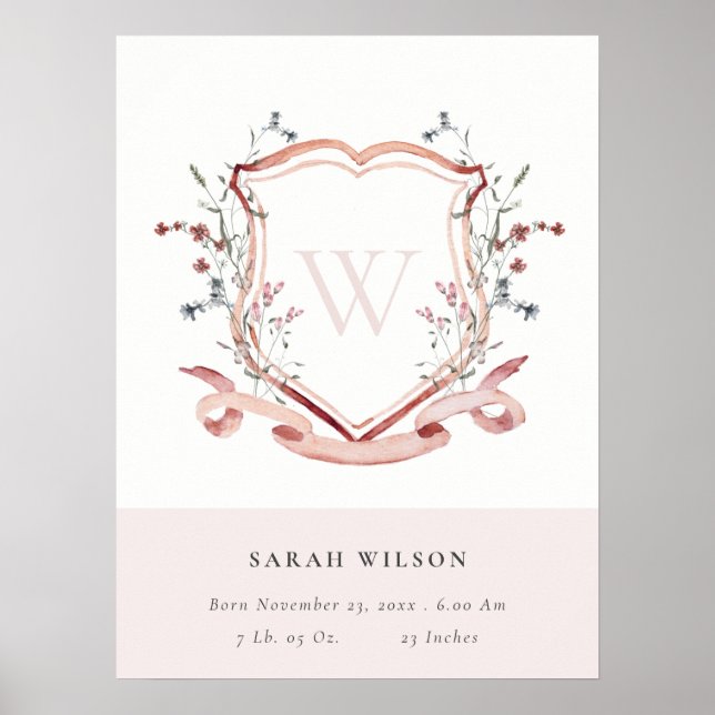 Elegant Pink Wildflower Crest Monogram Birth Stat Poster (Front)