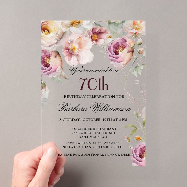 Elegant Pink Wildflower Floral 70th Birthday Party Acrylic Invitations (Insitu (Handheld))
