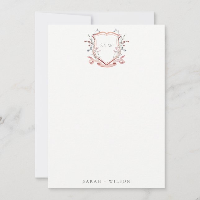 Elegant Pink Wildflower Watercolor Crest Wedding Card (Front)