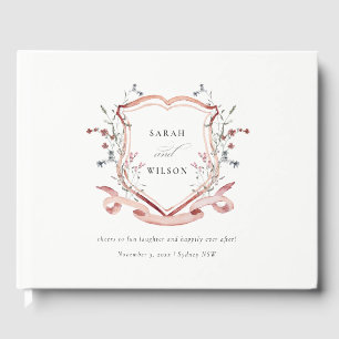 Elegant Pink Wildflower Watercolor Crest Wedding Guest Book