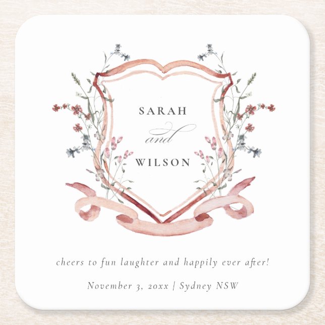 Elegant Pink Wildflower Watercolor Crest Wedding Square Paper Coaster (Front)