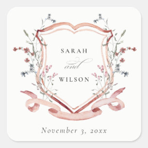 Elegant Pink Wildflower Watercolor Crest Wedding Square Sticker
