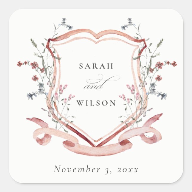 Elegant Pink Wildflower Watercolor Crest Wedding Square Sticker (Front)