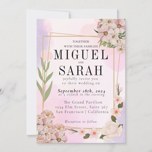 Elegant pink Wildflower Wedding Invitation (Front)