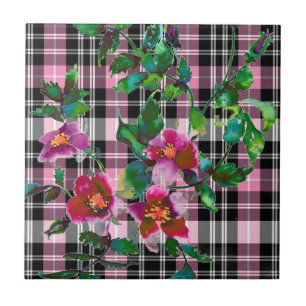 Elegant pink wildflowers pink black plaid tile