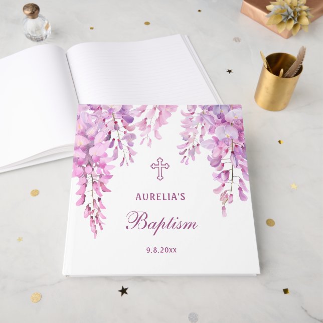 Elegant Pink Wisteria Baptism Guest Book (Front Open)