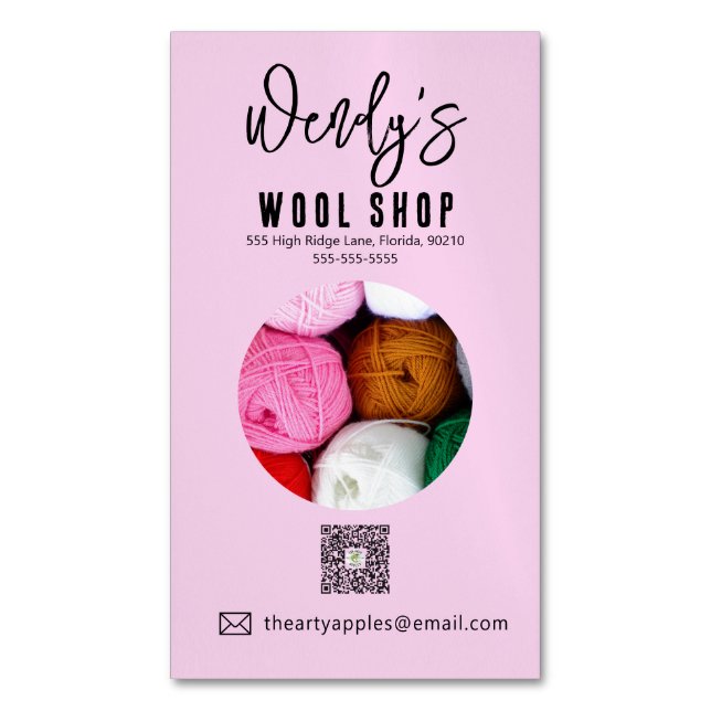Elegant Pink wool shop workshop small business Magnetic Business Card (Front Vertical)