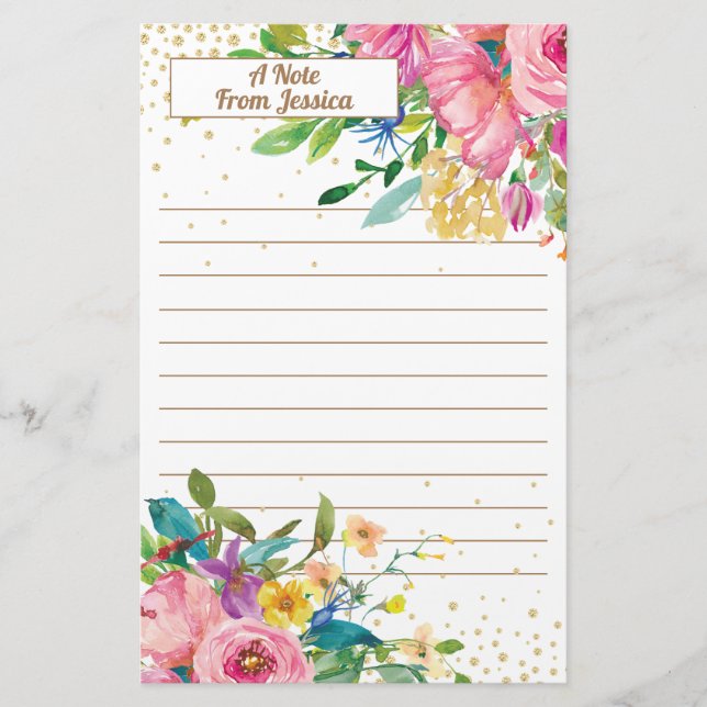 Elegant Pink Yellow Floral Gold Glitter Lined Stationery (Front)