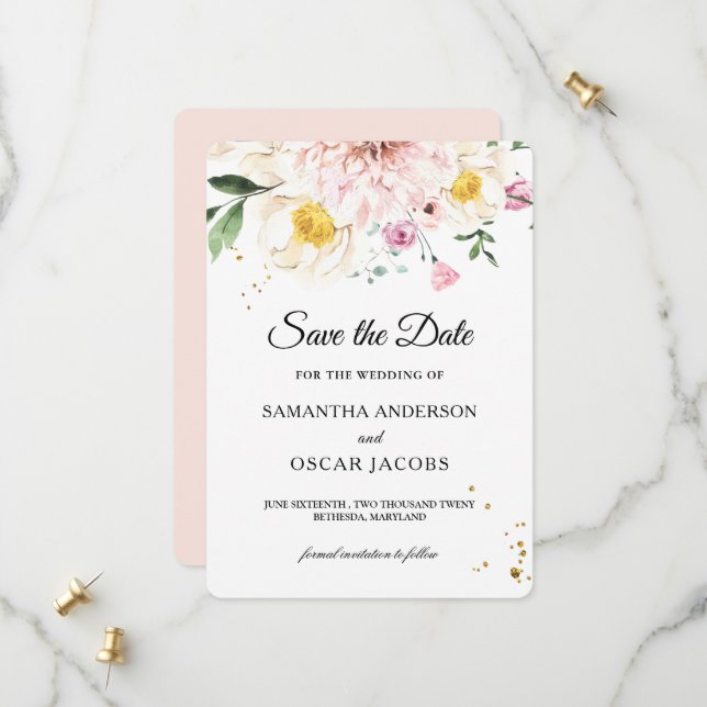 Elegant Pink & Yellow Watercolor Floral Save The Date (Front/Back In Situ)