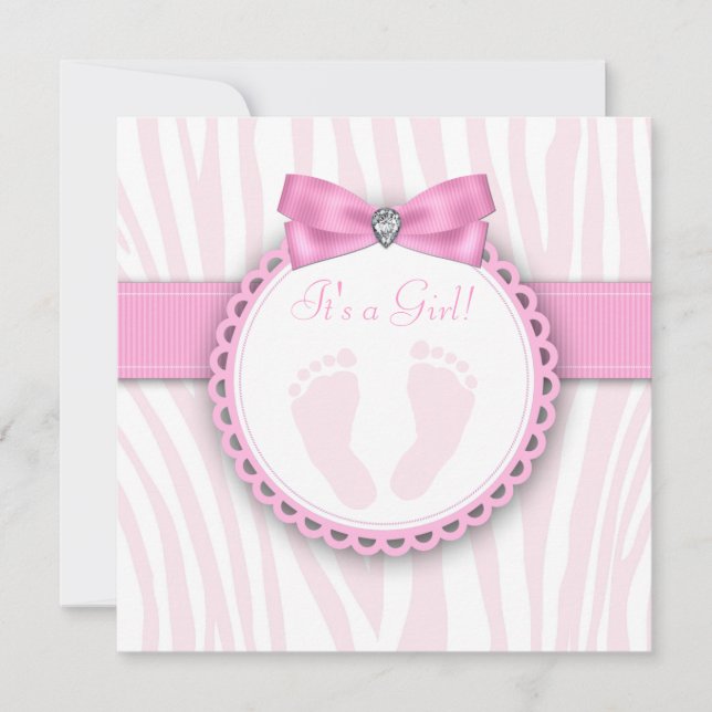 Elegant Pink Zebra Pink Footprint Baby Shower Invitation (Front)