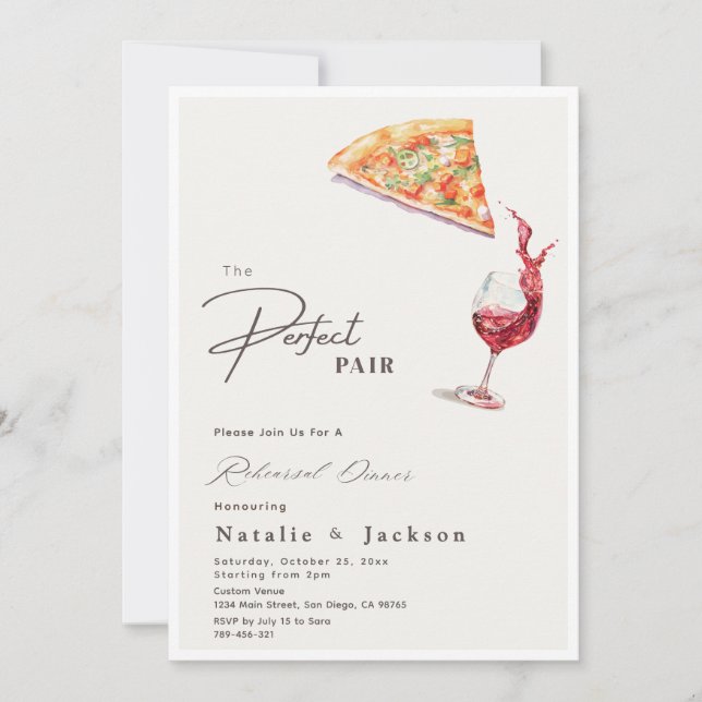 Elegant Pizza & Wine Perfect Pair Rehearsal Dinner Invitation (Front)