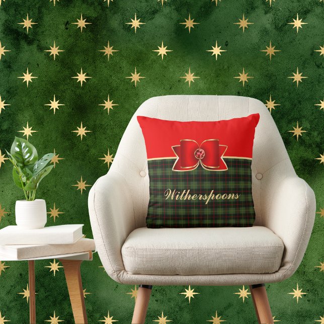 Elegant Plaid and Jewelled Bow with Name Throw Pillow (Creator Uploaded)
