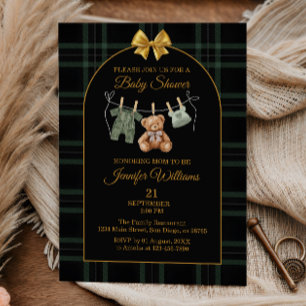 Elegant Plaid Baby Shower Gold Bow Teddy Bear Invitation