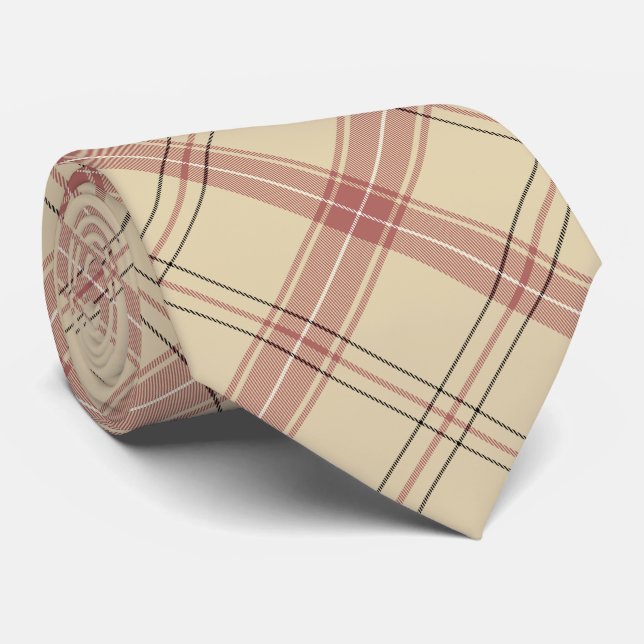  Elegant Plaid Beige Pink and Black Tie (Rolled)