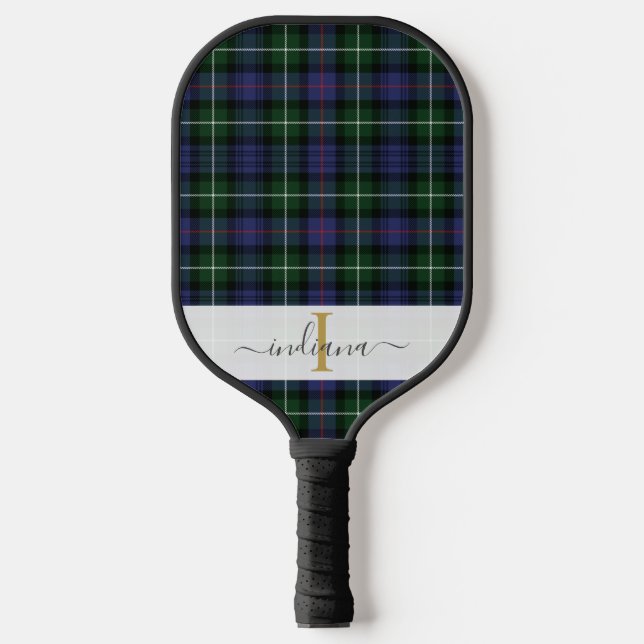 Elegant Plaid Monogram Script Tartan Pickleball Paddle (Front)