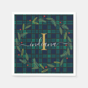 Elegant Plaid Monogram Script Wreath Tartan Paper Napkin
